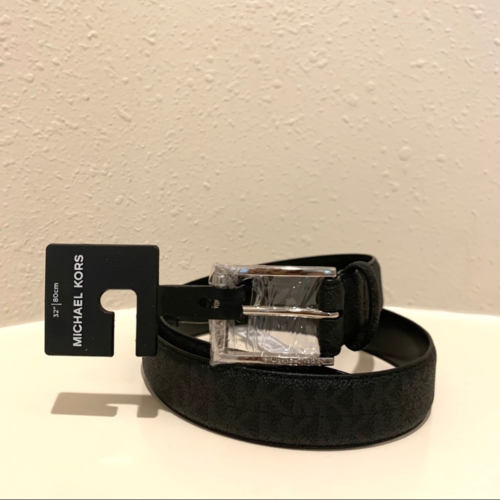 Michael Kors Logo Signature Black Dress Belt Size 32” NWT